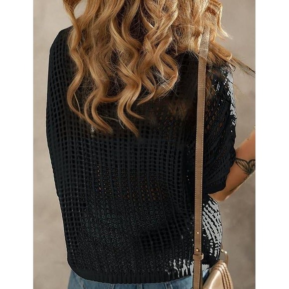 Womens Black Crochet Knit Flower Applique Short Sleeve Top XL - Picture 4 of 11